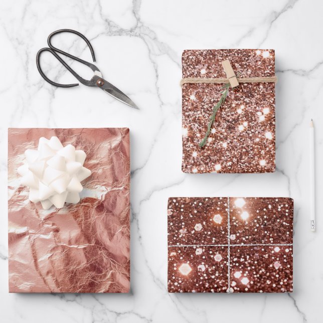 Rose Gold Glam Glitzer Geschenkpapier Set (Vorderseite)