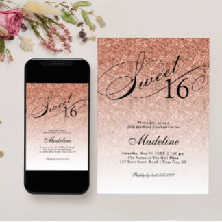 Rose Gold Glam Glitzer Sweet 16 Einladung