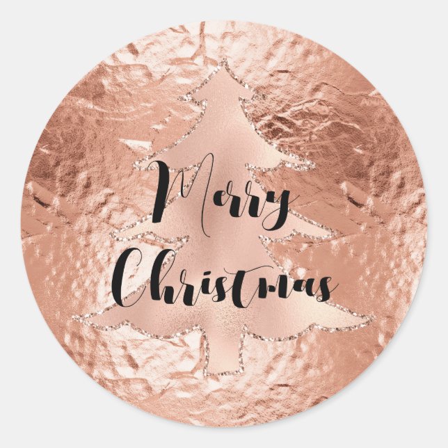 Rose Gold Glam Glitzer Weihnachtsbaum Runder Aufkleber (Vorderseite)