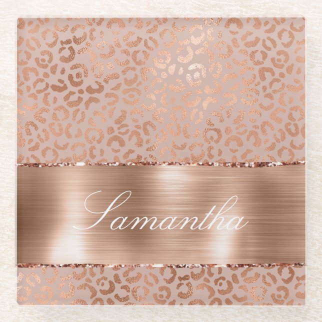 Rose Gold Glam Leopard Glasuntersetzer (Vorderseite)