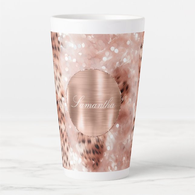 Rose Gold Glam Leopard Glitzer Personalisiert Milchtasse (Vorderseite)