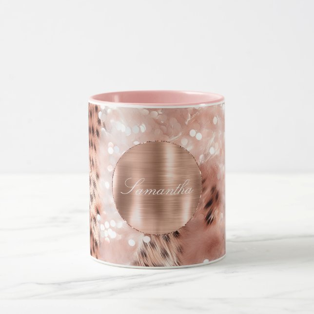 Rose Gold Glam Leopard Glitzer Personalisiert Tasse (Zentrum)