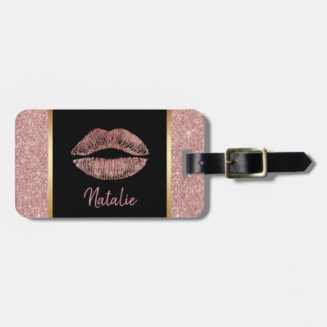 Rose Gold Glam Lippen mit dem Namen Moderner Glitz Gepäckanhänger (Vorderseite horizontal)