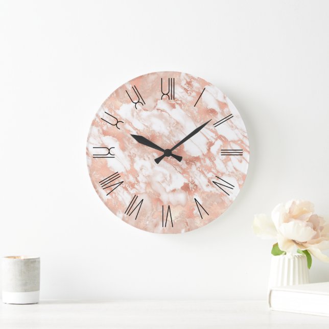 Rose Gold Glam Marmor Retro römische Zahlen Große Wanduhr (Zuhause)