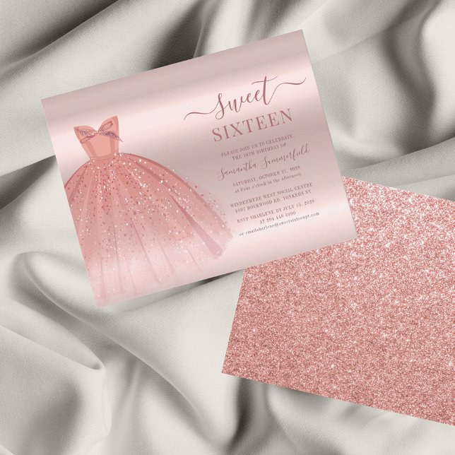 Rose Gold Glam Sweet 16 Moderne Script Einladung (Sweet 16 Rose Gold Dress Party Invitation)