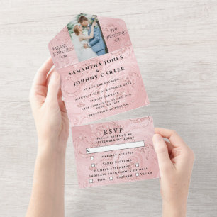 Rose Gold Glanz RSVP Elegante Foto Hochzeit  All In One Einladung
