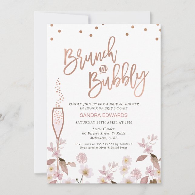Rose Gold Glass Brunch Bubbly Brautparty Einladung (Vorderseite)