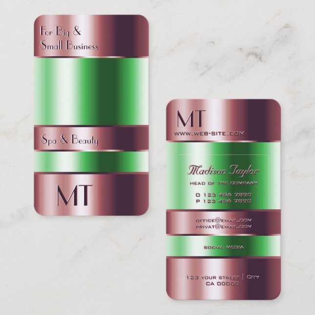Rose Gold Glass kann mit Initialen grüne Flüssigke Visitenkarte (Vorne/Hinten)