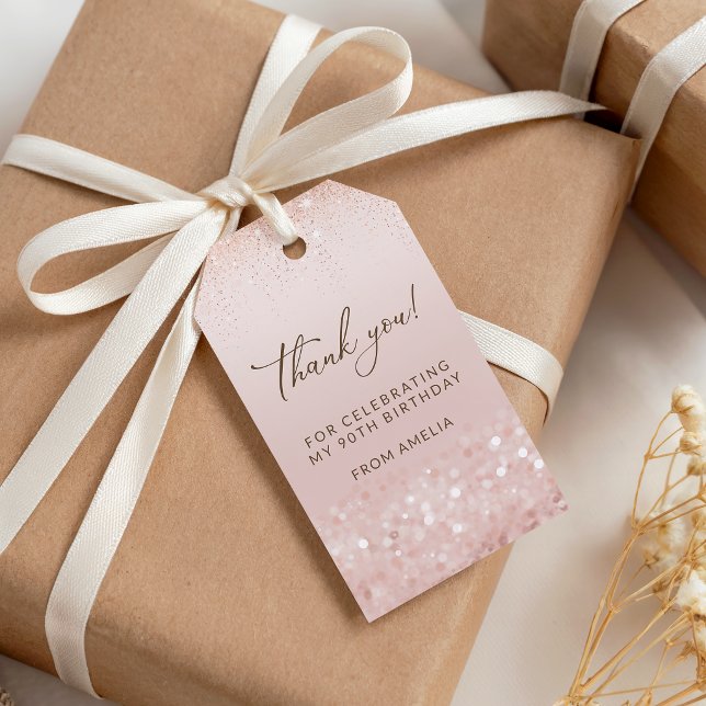 Rose Gold Glitter 90. Geburtstagsfeier Geschenkanhänger (Rose Gold Glitter 90th Birthday Party Gift Tags)