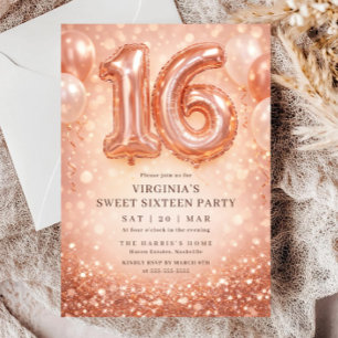 Rose Gold Glitter Ballon Süße Sechzehn Geburtstag Einladung