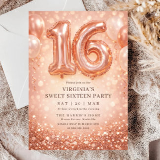 Rose Gold Glitter Ballon Süße Sechzehn Geburtstag Einladung