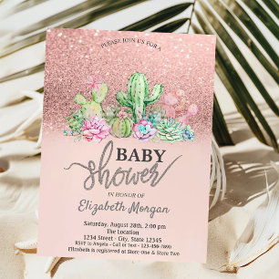 Rose Gold Glitter Bokeh, Kaktus Baby Shower Einladung