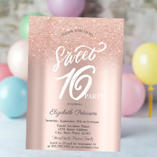 Rose Gold Glitter Bokeh Ombre Sweet 16 Einladung