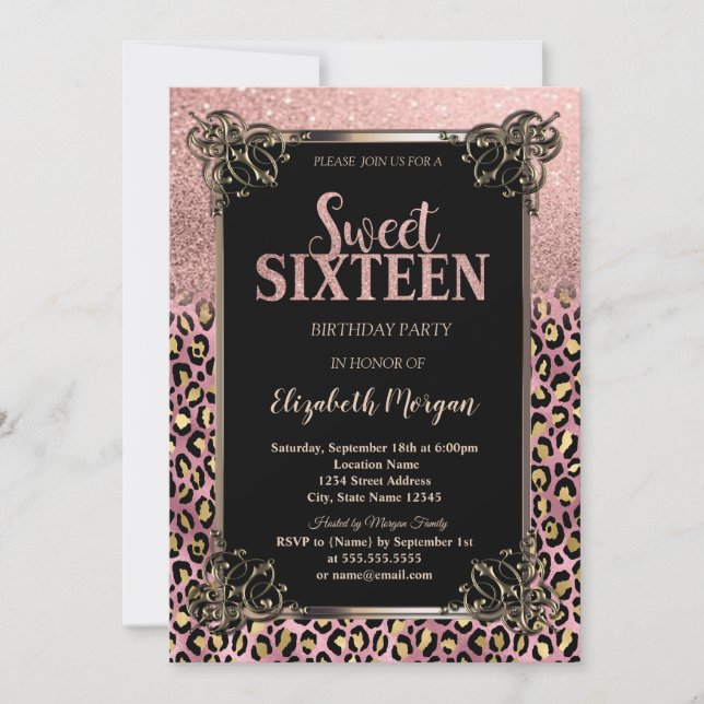 Rose Gold Glitter Border Leopard Sweet 16 Einladung (Vorderseite)