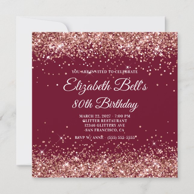 Rose Gold Glitter Burgundy 80th Birthday Einladung (Vorderseite)