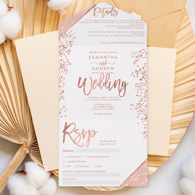 Rose gold glitter confetti white chic wedding all in one einladung (Von Creator hochgeladen)