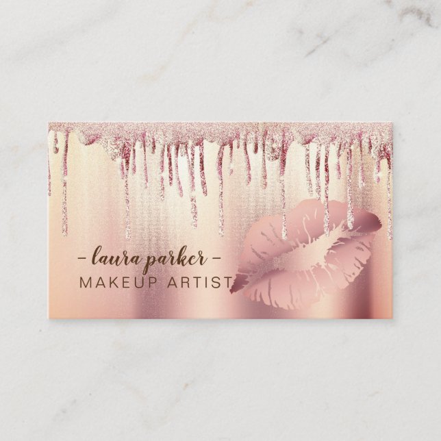 Rose Gold Glitter Drip Lips Makeup Artist Salon Visitenkarte (Vorderseite)