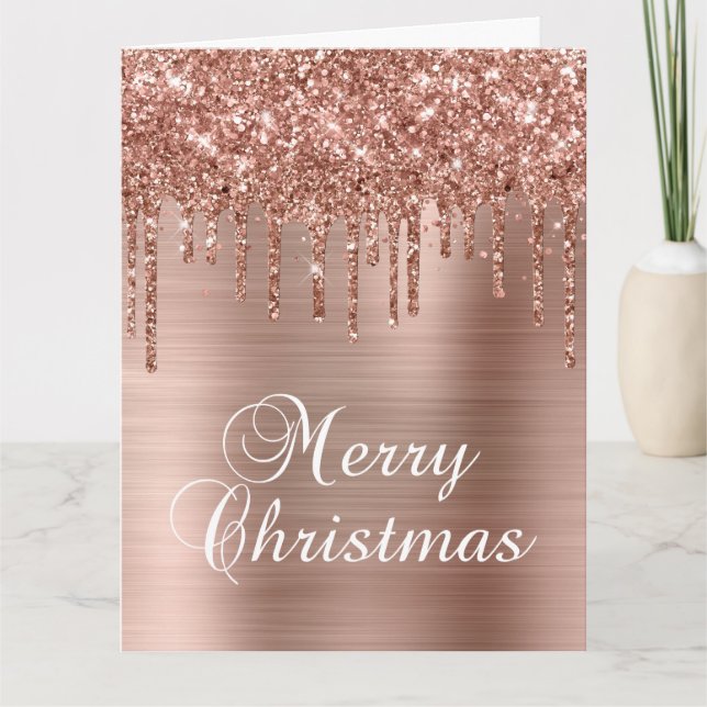 Rose Gold Glitter Drips Metallic Merry Christmas Karte (Vorderseite)