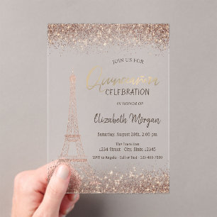 Rose Gold Glitter Eiffel Konfetti Quinceañera Acryleinladungen