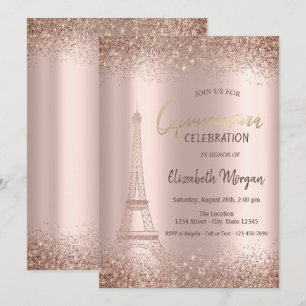 Rose Gold Glitter Eiffel Konfetti Quinceañera  Einladung