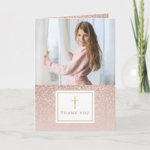 Rose Gold Glitter Erstkommunion Foto Dankeskarte