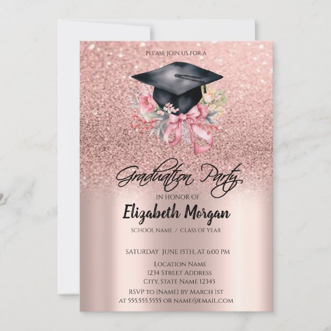 Rose Gold Glitter Floral Grad Cap Bow Graduation Einladung (Vorderseite)