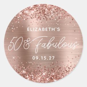 Rose Gold Glitter Glam Moderner Schriftzug 50 & Fa Runder Aufkleber