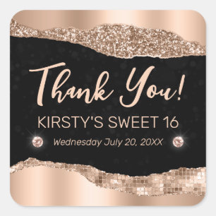 Rose Gold Glitter Glam Rand & Diamanten Sweet 16  Quadratischer Aufkleber