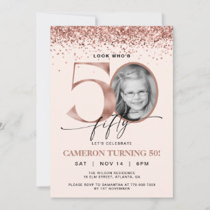 Rose Gold Glitter Konfetti Foto 50. Geburtstag Einladung