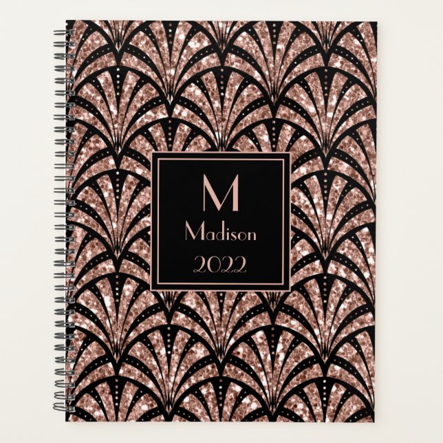 Rose Gold Glitter Monogramm Art Deco Muster   Planer (Vorderseite)