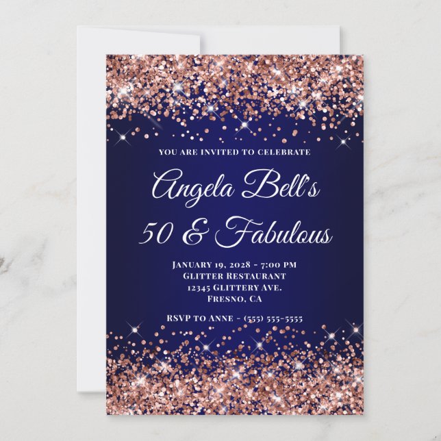 Rose Gold Glitter Navy Blue Ombre 50 & Fabulous Einladung (Vorderseite)