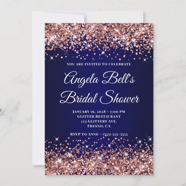 Rose Gold Glitter Navy Blue Ombre Bridal Shower Einladung (Vorderseite)