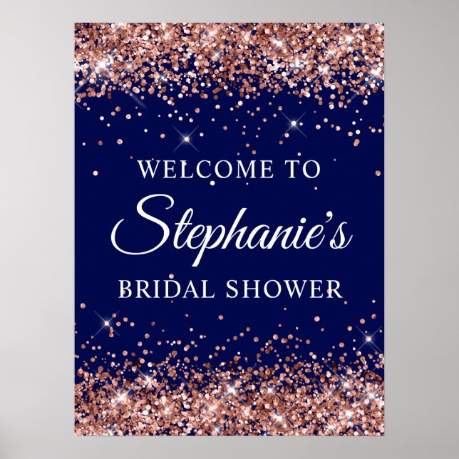 Rose Gold Glitter Navy Bridal Shower Welcome Poster (Vorne)