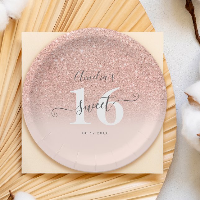 Rose gold glitter ombre blush pink script Sweet 16 Pappteller (Rose gold glitter ombre blush pink script Sweet 16 Paper Plates)
