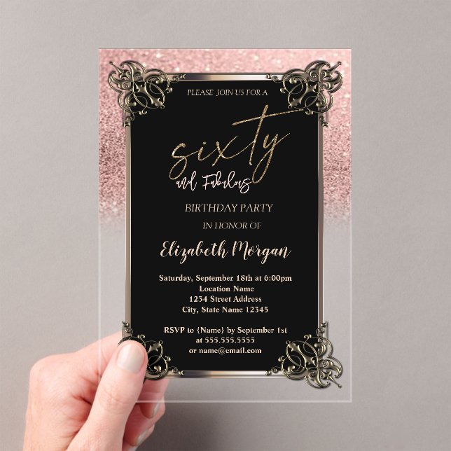 Rose Gold Glitter Ombre Border 60th Birthday Party Acryleinladungen (Insitu (Handheld))