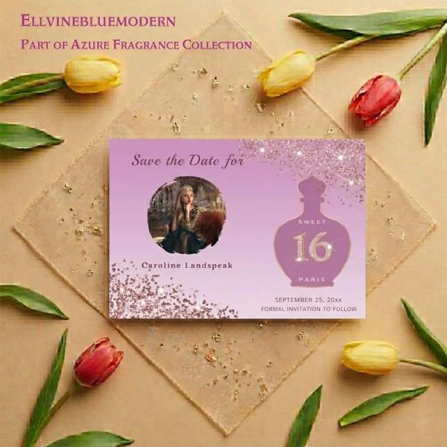 Rose Gold Glitter Paris Parfüm Studio Sweet 16 Save The Date (Sparkling Rose Gold elegance for your Sweet 16!
Shop our Rosé Fragrance Collection.
)