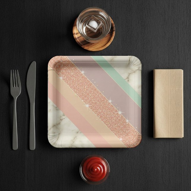 Rose Gold Glitter Pastel Marble Diagonal Stripes Pappteller (Von Creator hochgeladen)