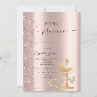 Rose Gold Glitter Pearls Wine Glass Bridal Shower Einladung