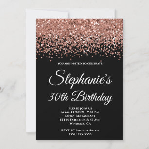 Rose Gold Glitter-Rahmen Schwarz 30. Geburtstag Einladung