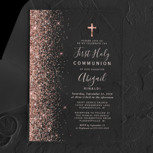 Rose Gold Glitter Rosa Text Erste Heilige Kommunio Acryleinladungen