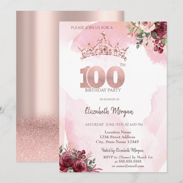  Rose Gold Glitter Roses Crown 100th Birthday  Einladung (Vorne/Hinten)