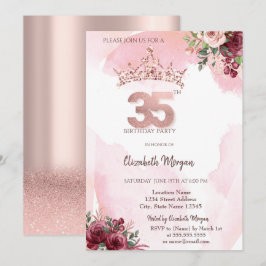 Rose Gold Glitter Roses Crown 35th Birthday Einladung