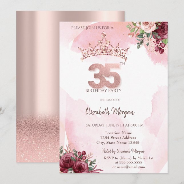  Rose Gold Glitter Roses Crown 35th Birthday  Einladung (Vorne/Hinten)