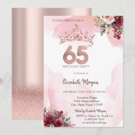 Rose Gold Glitter Roses Crown 65th Birthday Party Einladung