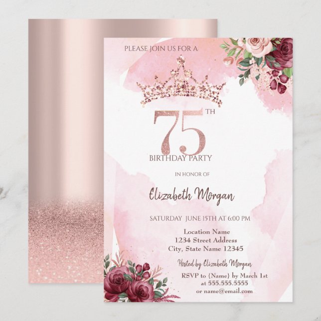  Rose Gold Glitter Roses Crown 75th Birthday  Einladung (Vorne/Hinten)