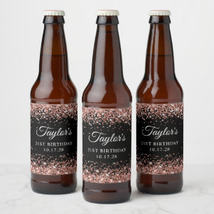 Rose Gold Glitter Schwarz 21. Geburtstag Bierflaschenetikett