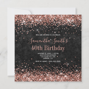 Rose Gold Glitter Schwarz Leder 40. Geburtstag Einladung