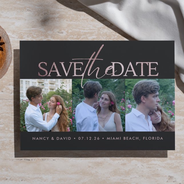 Rose Gold Glitter Script 3 Photo Collage Wedding  Save The Date (Von Creator hochgeladen)