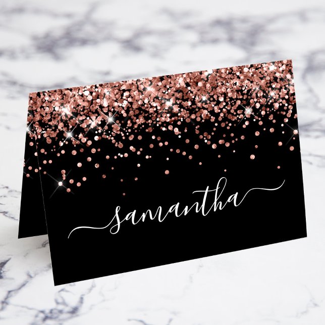 Rose Gold Glitter Signature Name Black Place Cards Tischnummer (Rose Gold Glitter Girly Signature Swash Name Black Place Cards)