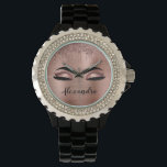 Rose Gold Glitter Sparkle Eyelashes Monogram Name Armbanduhr<br><div class="desc">Rose Gold Imitate Foil Metallic Sparkle Glitzer gebürstete Metal Monogram Name and Initial Eyelashes (Lashes),  Eyelash Extensions und Eyes Blush Pink Lady's Wrist Watch. Das Design macht den perfekten 16 Geburtstag,  Hochzeit,  Brautparty,  Jubiläum,  Babydusche oder Junggeselinnen-Abschied Geschenk für jemanden,  der einen trendigen coolen Stil sucht.</div>